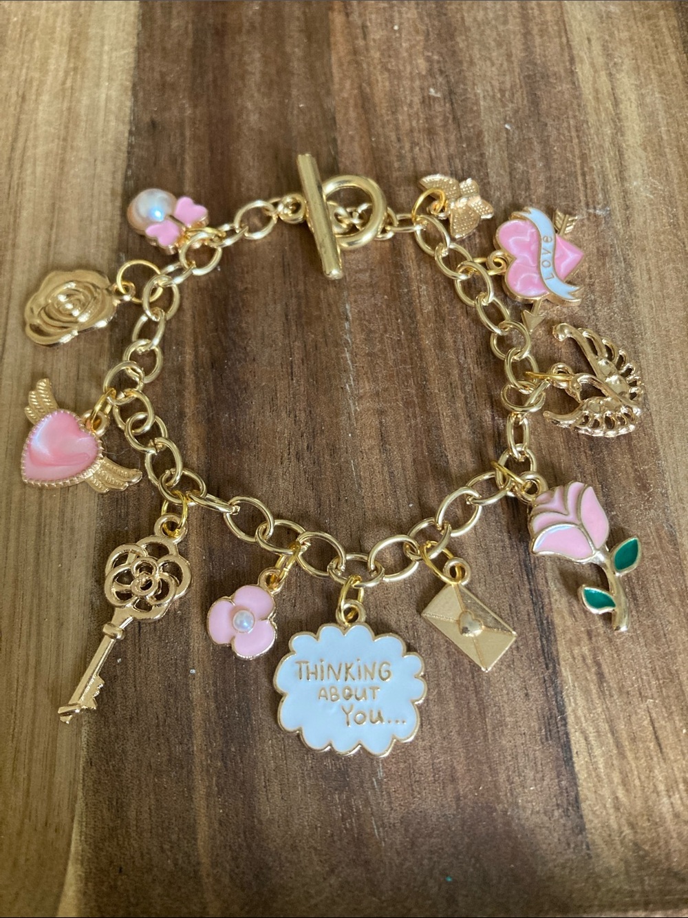 Handmade Gold-tone Pink Enamel Charm Bracelet - "Thinking About You"